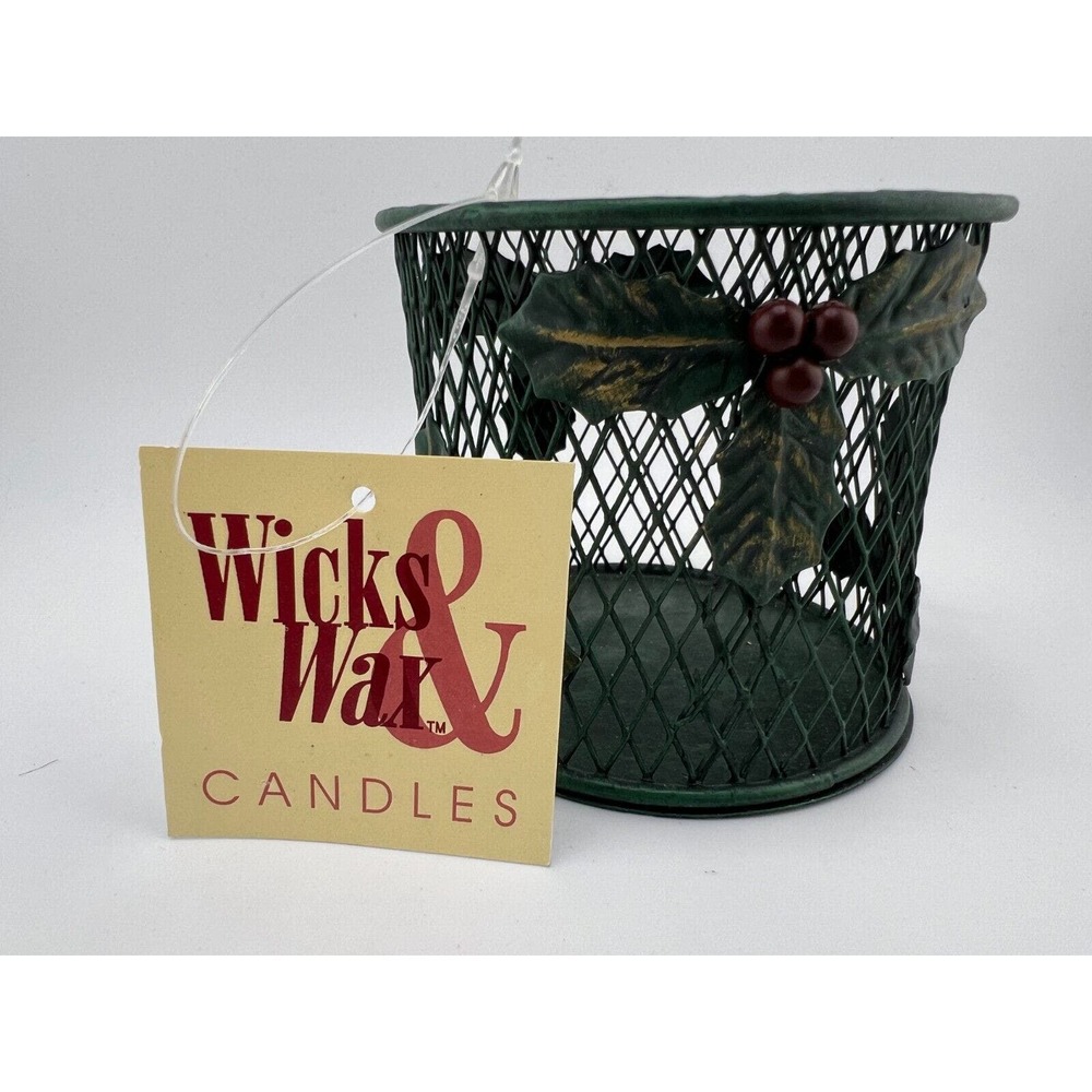 Vintage Wicks & Wax Green‎ Metal Mesh Home Decorative Candle Holder with Holly